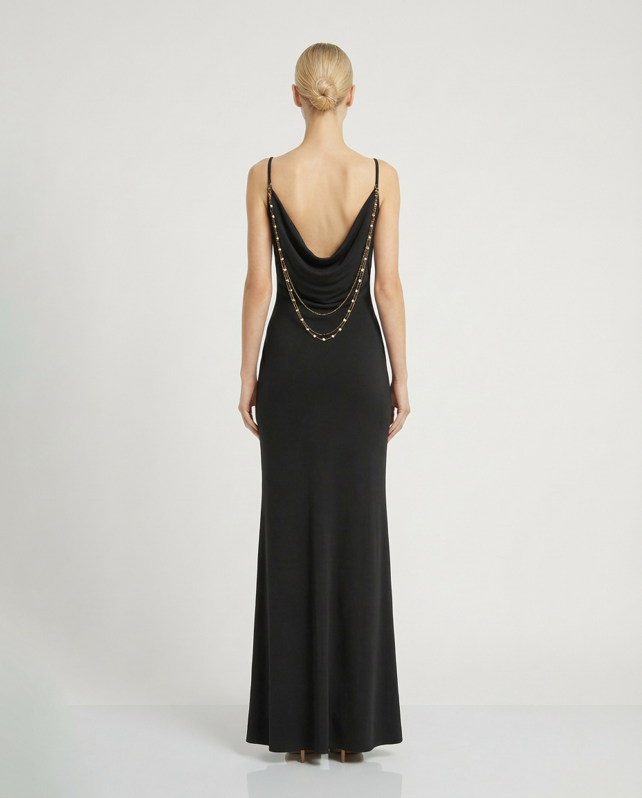 Abito lungo sottoveste con schiena scoperta e accessorio in perle