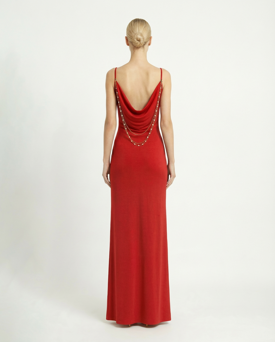 Abito lungo sottoveste con schiena scoperta e accessorio in perle