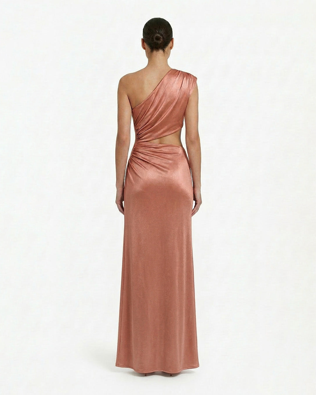 Abito monospalla in jersey metallizzato e cut out