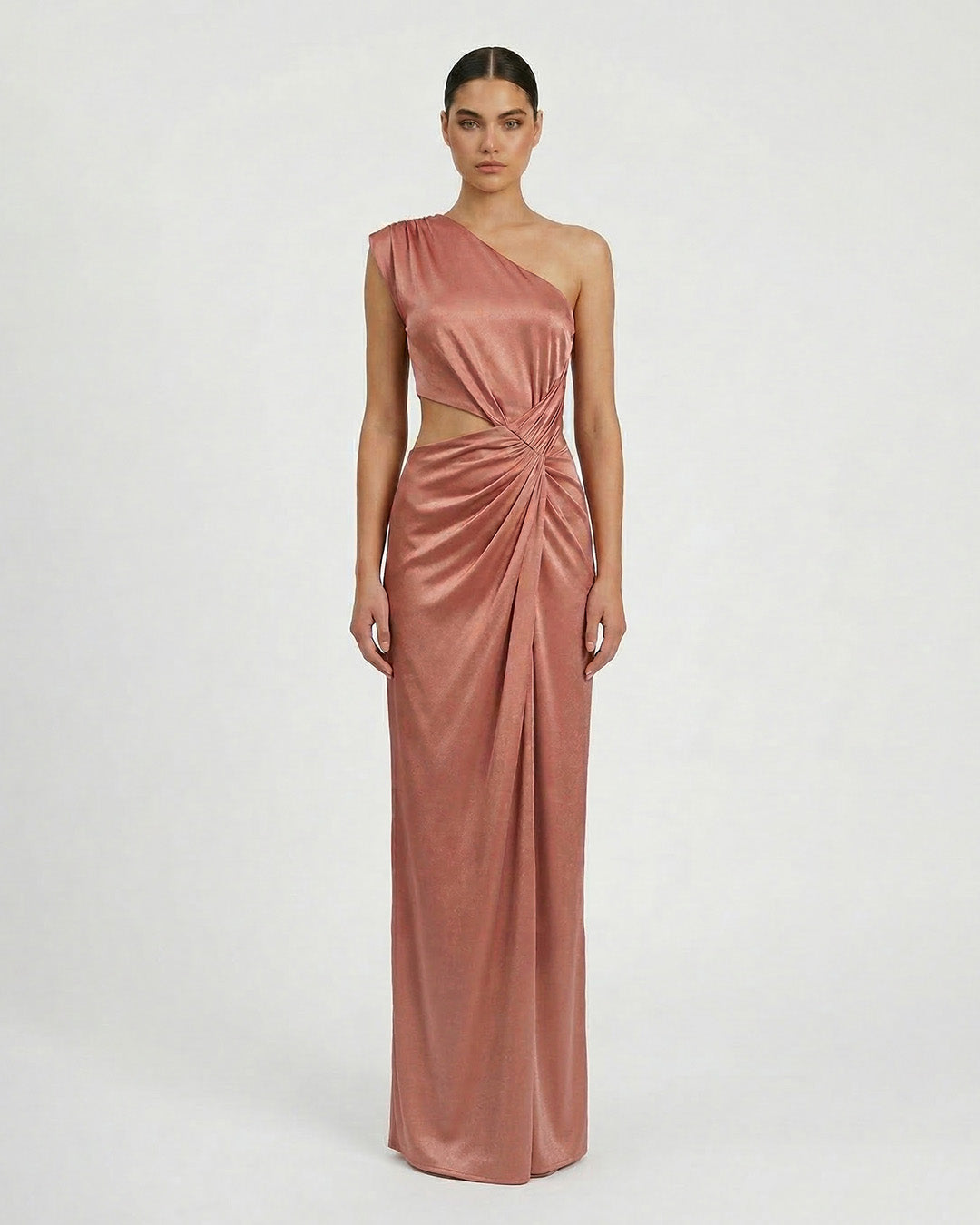 Abito monospalla in jersey metallizzato e cut out