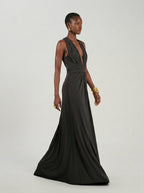 Long jersey dress with halter neckline