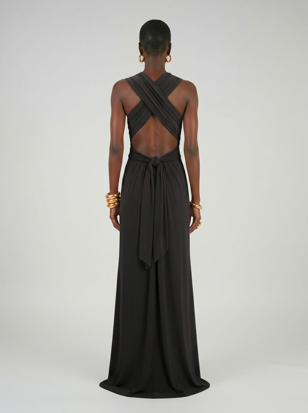 Long jersey dress with halter neckline