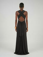 Long jersey dress with halter neckline