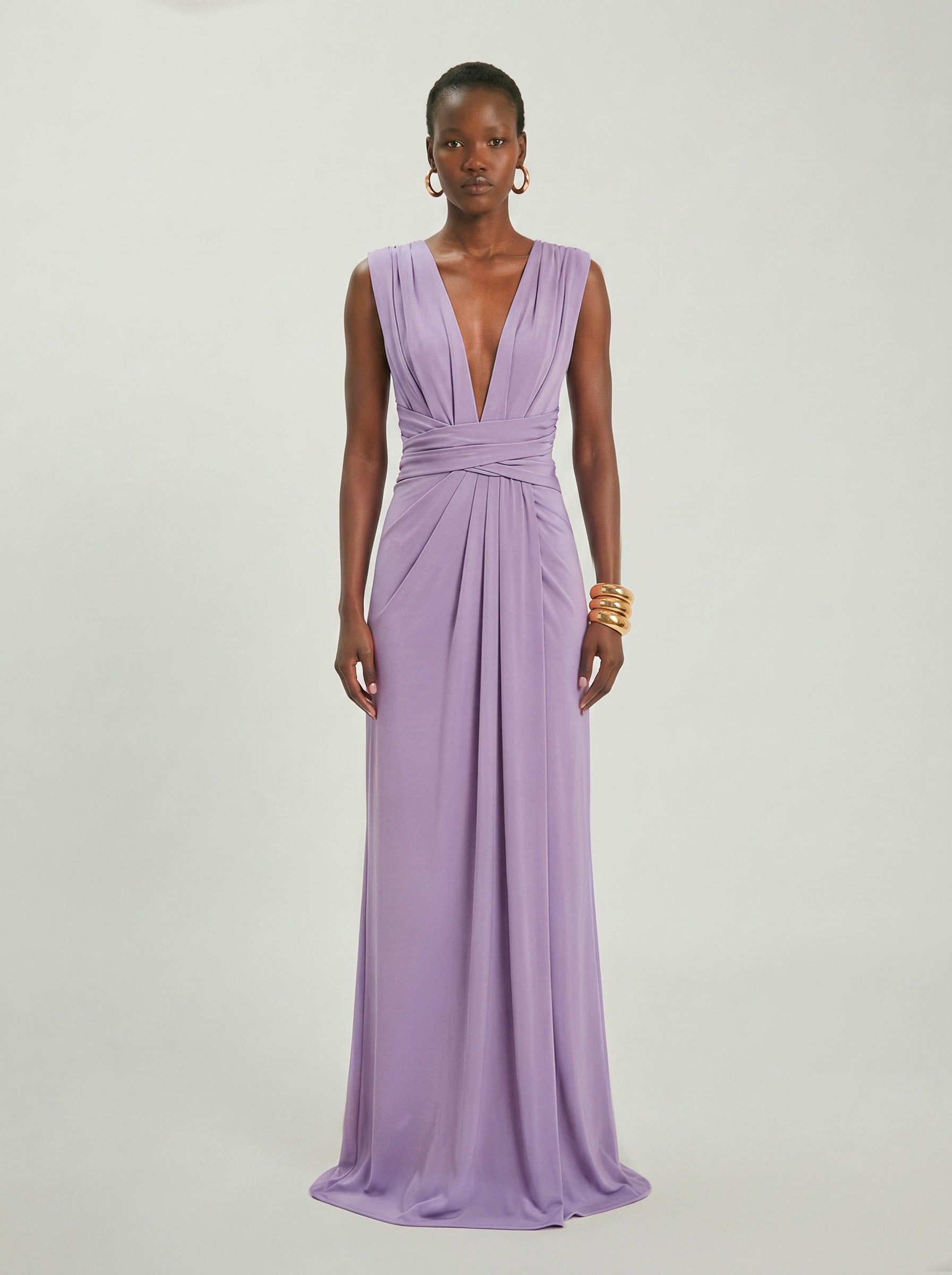 Long jersey dress with halter neckline