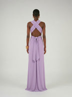 Long jersey dress with halter neckline