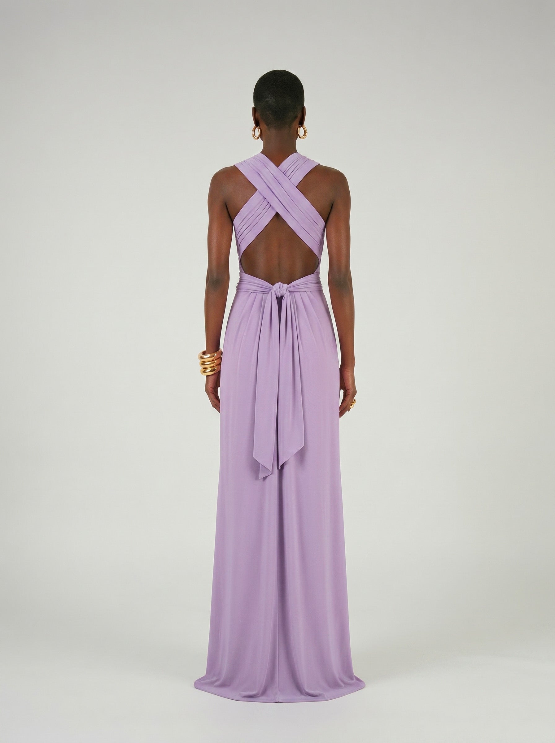 Long jersey dress with halter neckline