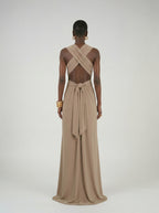 Long jersey dress with halter neckline
