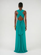 Long jersey dress with halter neckline
