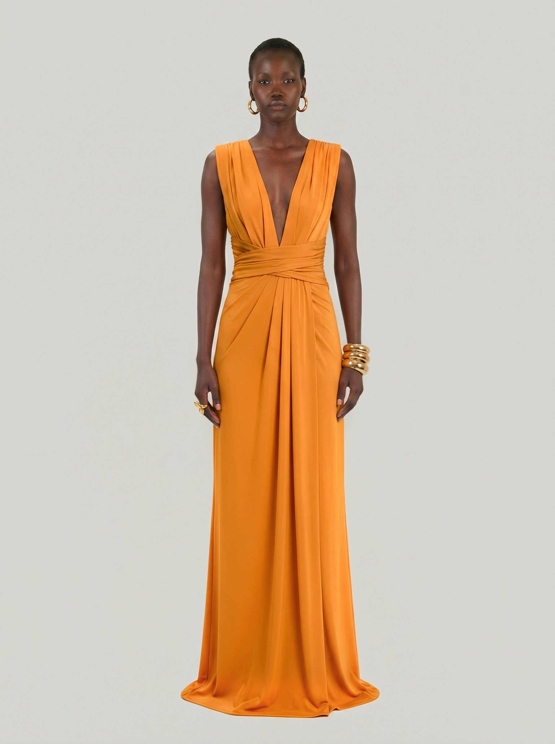 Long jersey dress with halter neckline