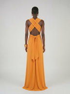 Long jersey dress with halter neckline