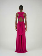 Long jersey dress with halter neckline