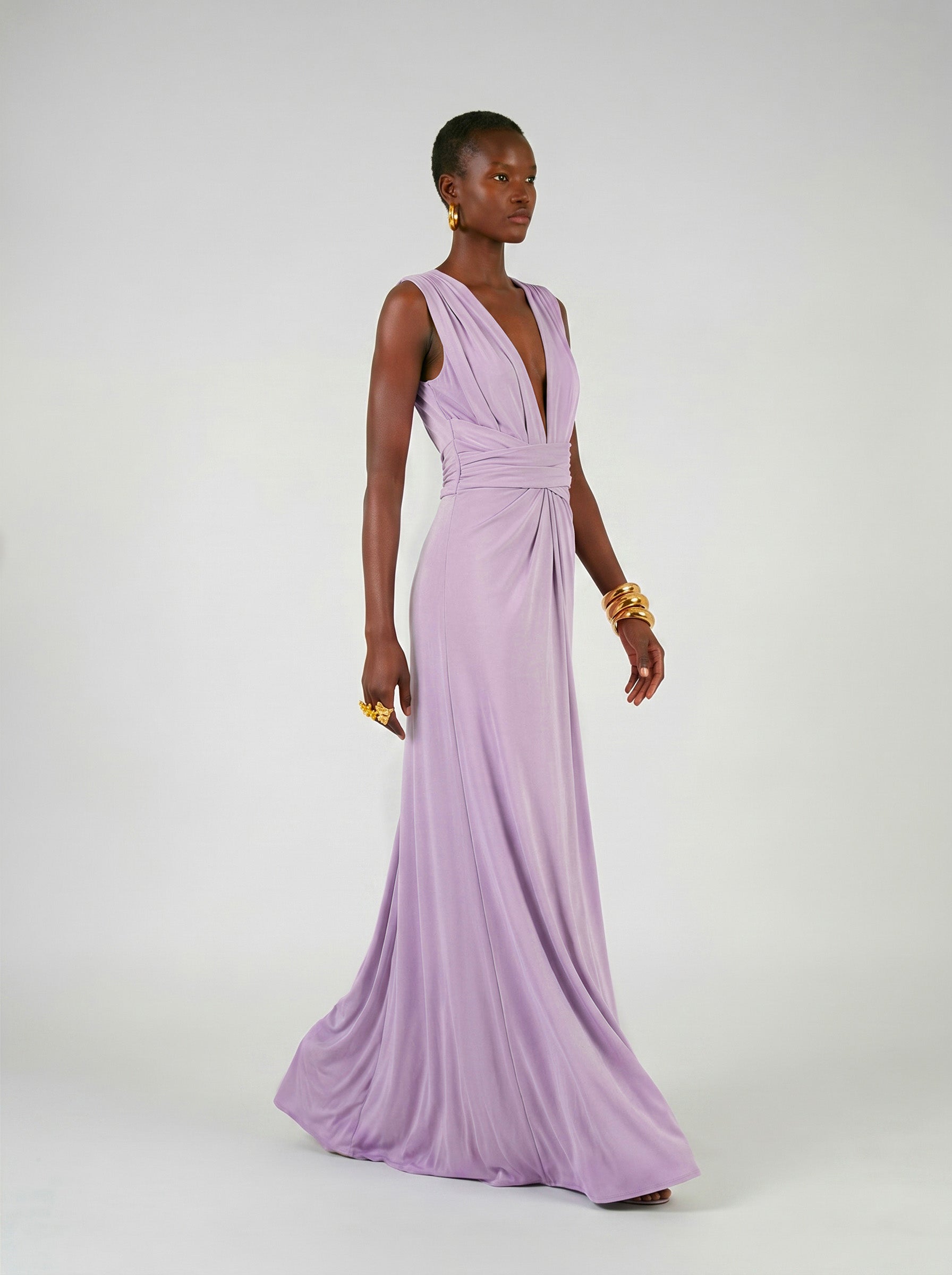 Long jersey dress with halter neckline