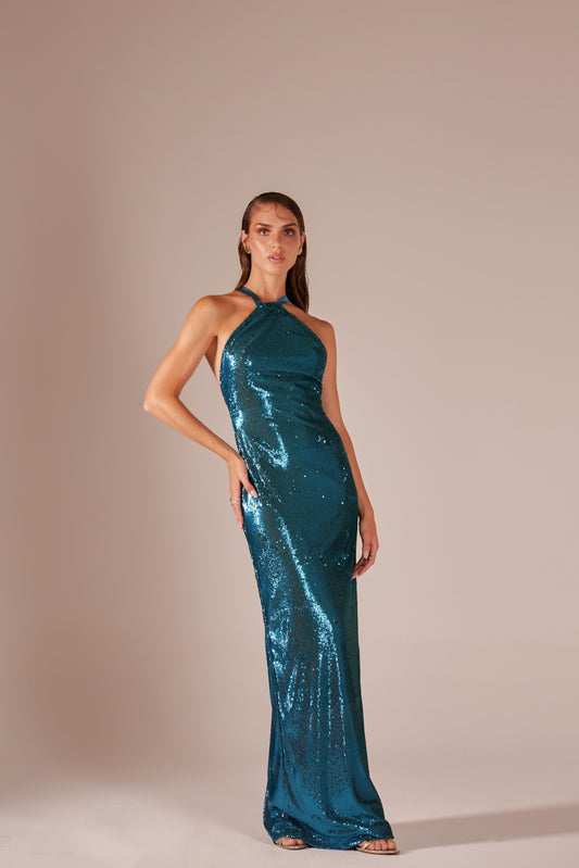 Long sequin dress with halter neckline
