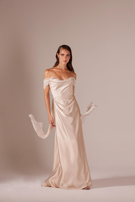 Long satin dress with soft neckline and georgette stole