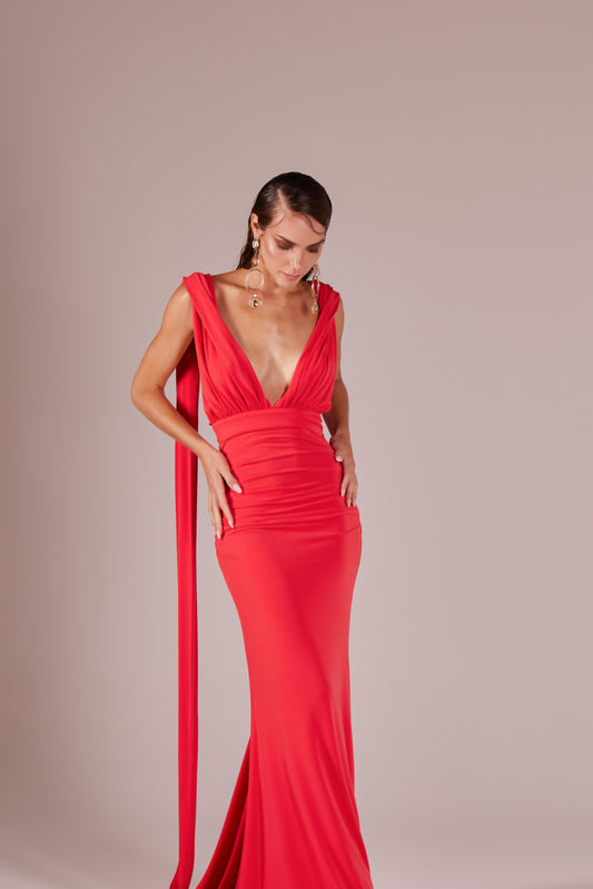 Long mermaid dress in jersey with infinity neckline