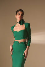 Long-sleeved crop top in technical fabric and flower choker