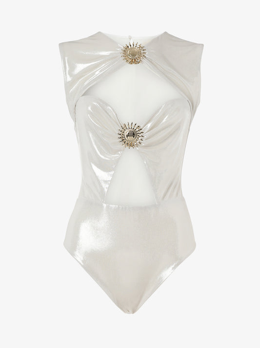 Bodysuit in metallic jersey with cut out and metallic decorations