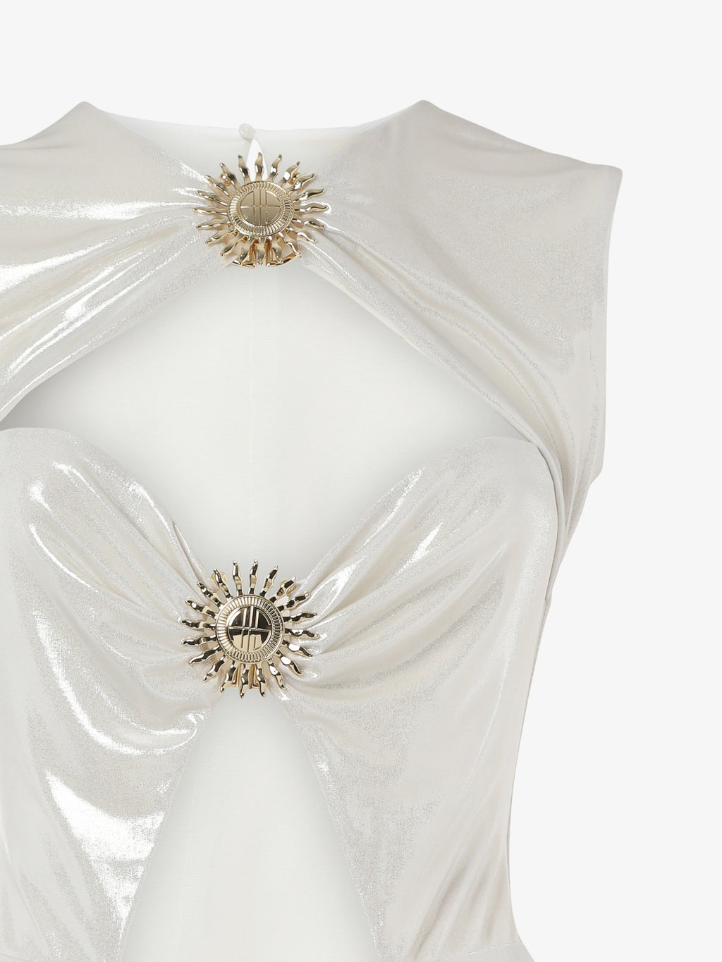 Body in jersey metallizzato con cut out e decorazioni metalliche