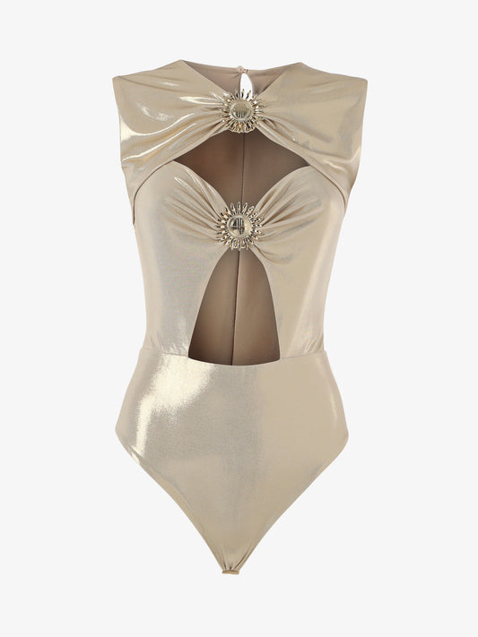 Bodysuit in metallic jersey with cut out and metallic decorations