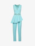 Elegant jumpsuit in technical fabric with ruffles and metallic decoration at the waist