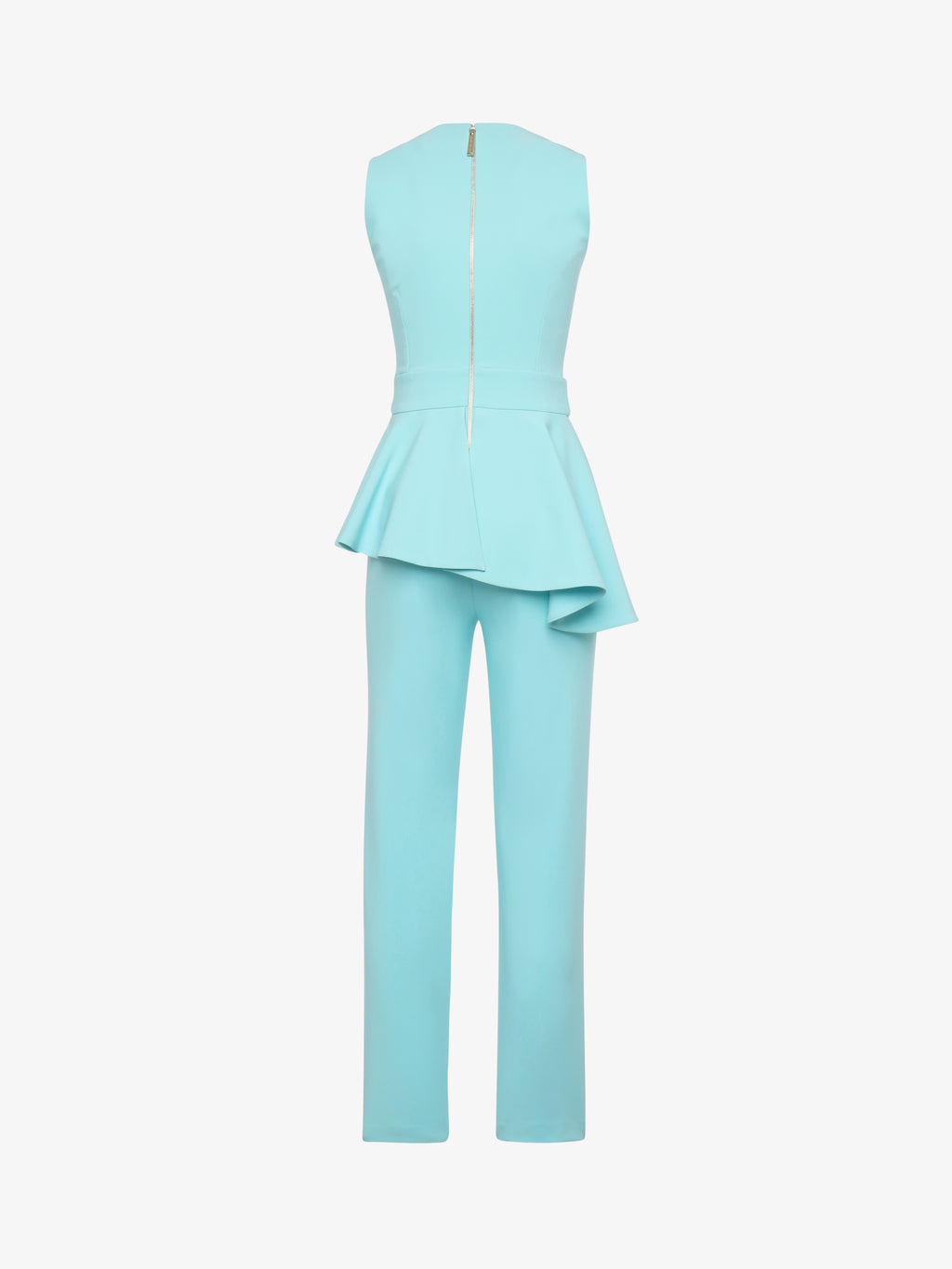 Elegant jumpsuit in technical fabric with ruffles and metallic decoration at the waist