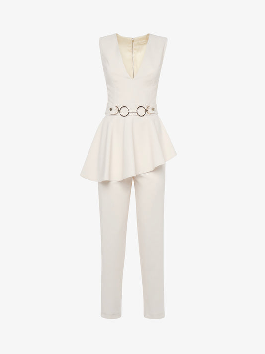 Elegant jumpsuit in technical fabric with ruffles and metallic decoration at the waist
