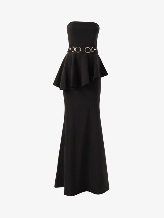Long strapless dress with ruffles and metallic decoration at the waist in technical fabric