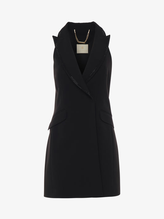 Giacca in tessuto tecnico senza maniche rever con strass