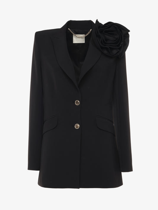 Giacca monopetto in tessuto tecnico con decorazione fiore in taffetà