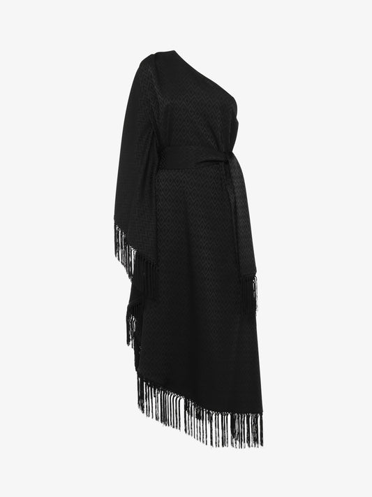 One-shoulder midi dress in jacquard with fringes and sash at the neck