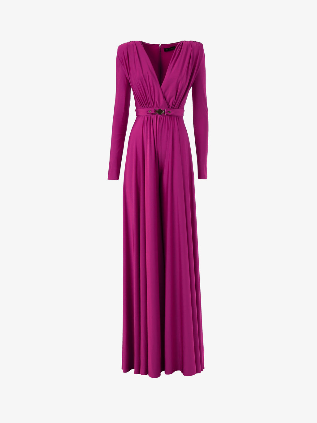 Elegant loose jersey jumpsuit with metallic accessory at the waist
