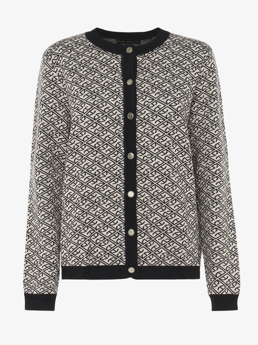 Cardigan girocollo jaquard fantasia con bottoni metallici