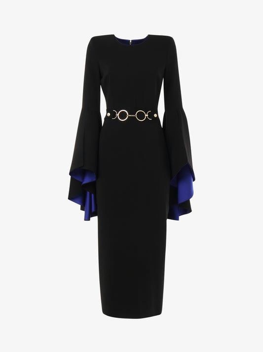 Longuette dress in technical fabric with contrasting flounced sleeves and metal accessory at the waist