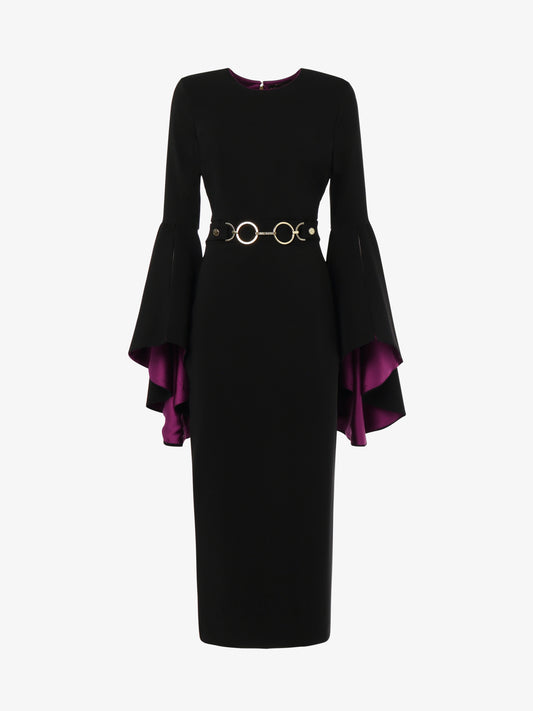 Longuette dress in technical fabric with contrasting flounced sleeves and metal accessory at the waist