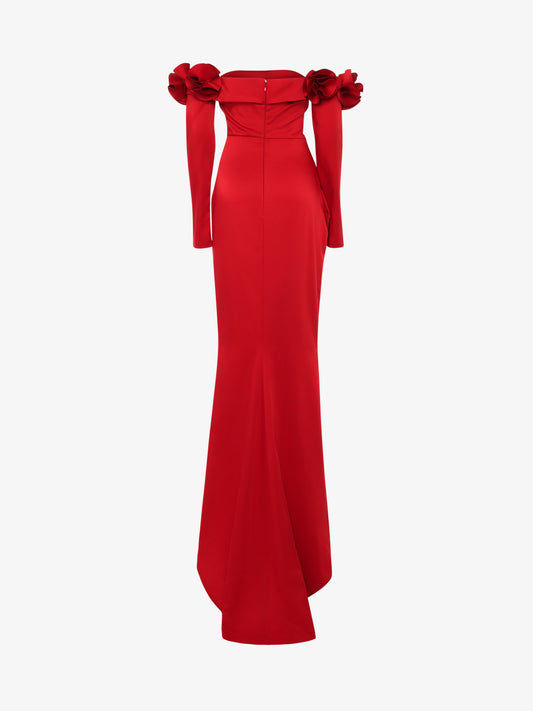 Long dress with draped boat neckline in satin with flower decorations