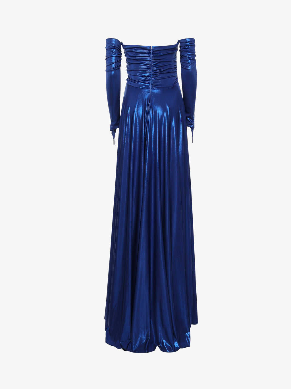Long strapless dress with cut out in metallic jersey and flower decorations