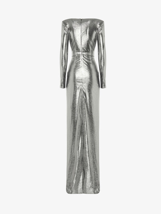 Long dress with deep neckline in metallic jersey