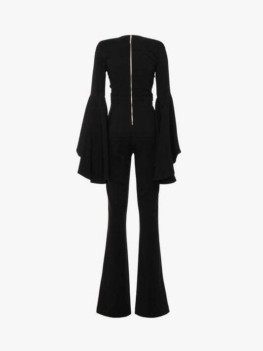 Technical fabric jumpsuit with ruffle sleeves and metal accessory at the waist