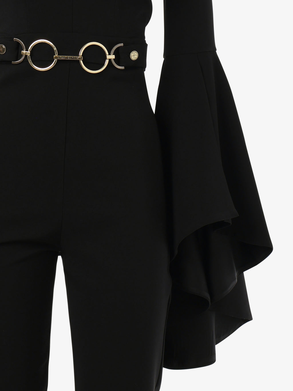 Technical fabric jumpsuit with ruffle sleeves and metal accessory at the waist