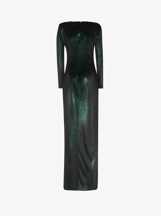 Long cut out dress in metallic velvet