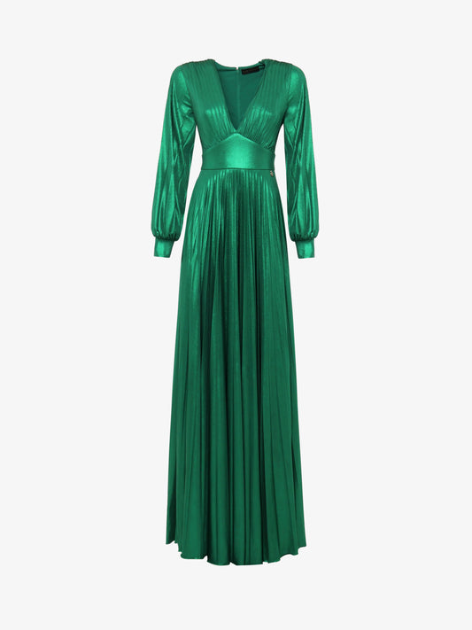 Abito lungo fondo ampio manica con cut out in jersey metallizzato plissettato