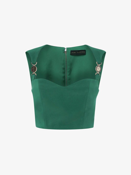 Top corto in tessuto tecnico con accessori metallici spalline