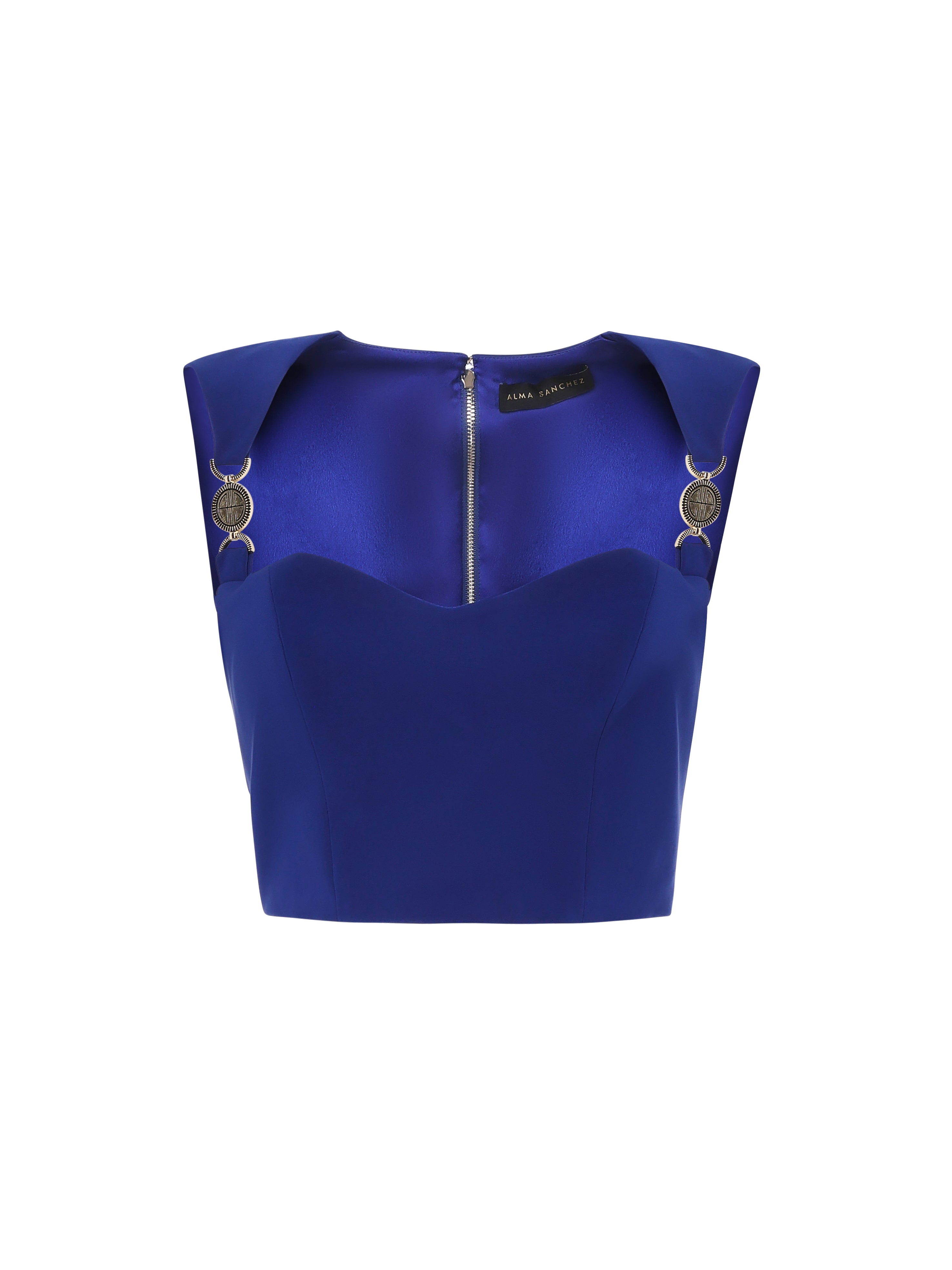 Top corto in tesstuto tecnico con accessori metallici spalline
