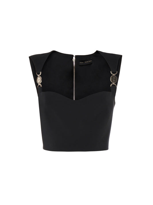 Top corto in tesstuto tecnico con accessori metallici spalline