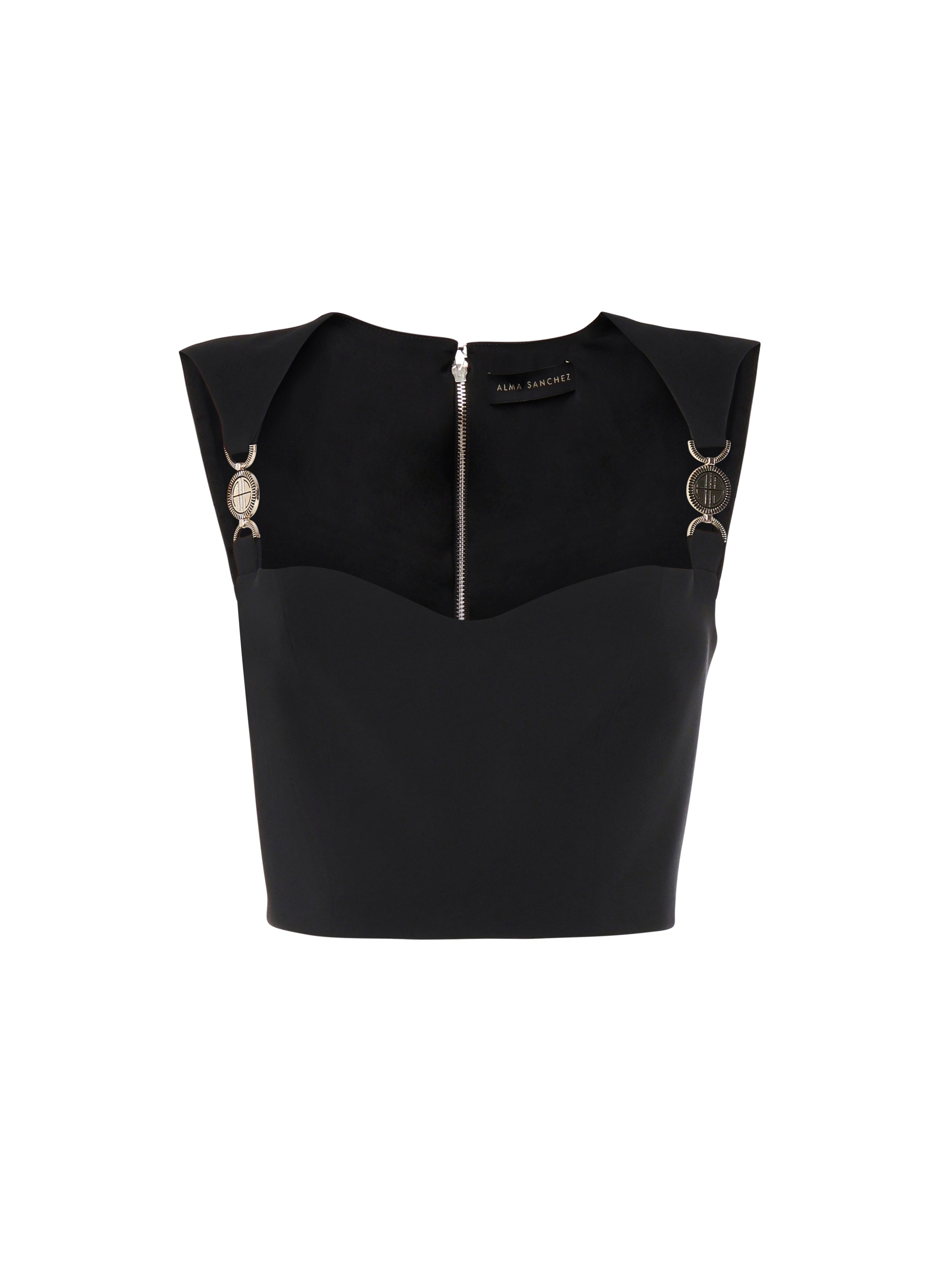 Top corto in tesstuto tecnico con accessori metallici spalline