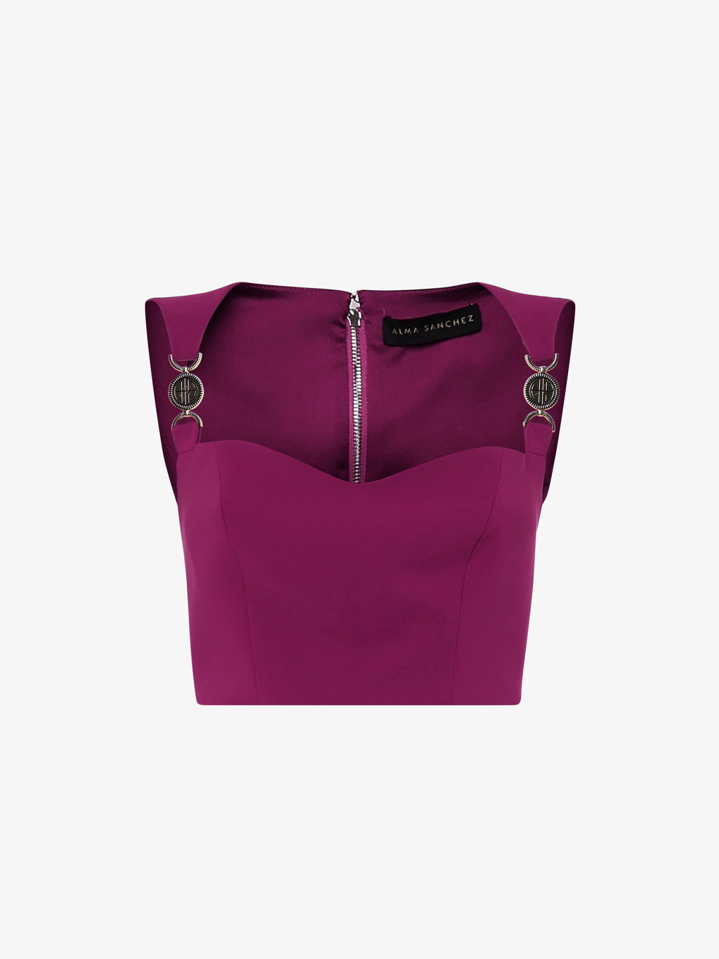 Top corto in tesstuto tecnico con accessori metallici spalline