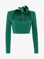 Long-sleeved crop top in technical fabric and flower choker