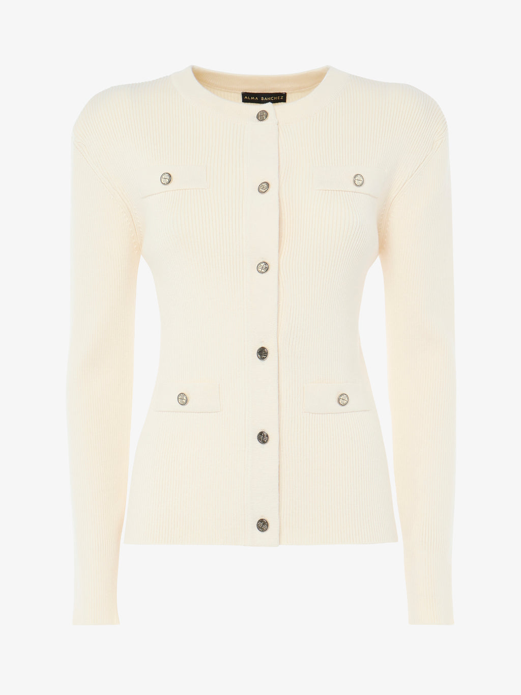 Crewneck cardigan with pockets and metal buttons