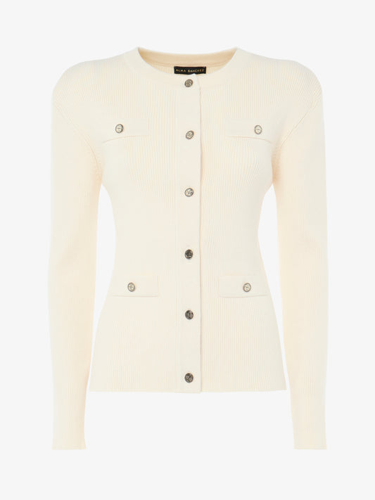 Crewneck cardigan with pockets and metal buttons