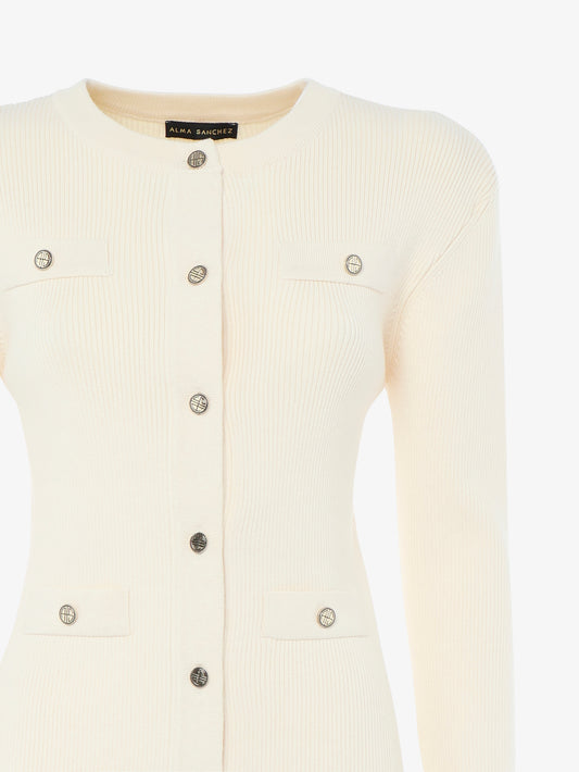 Crewneck cardigan with pockets and metal buttons